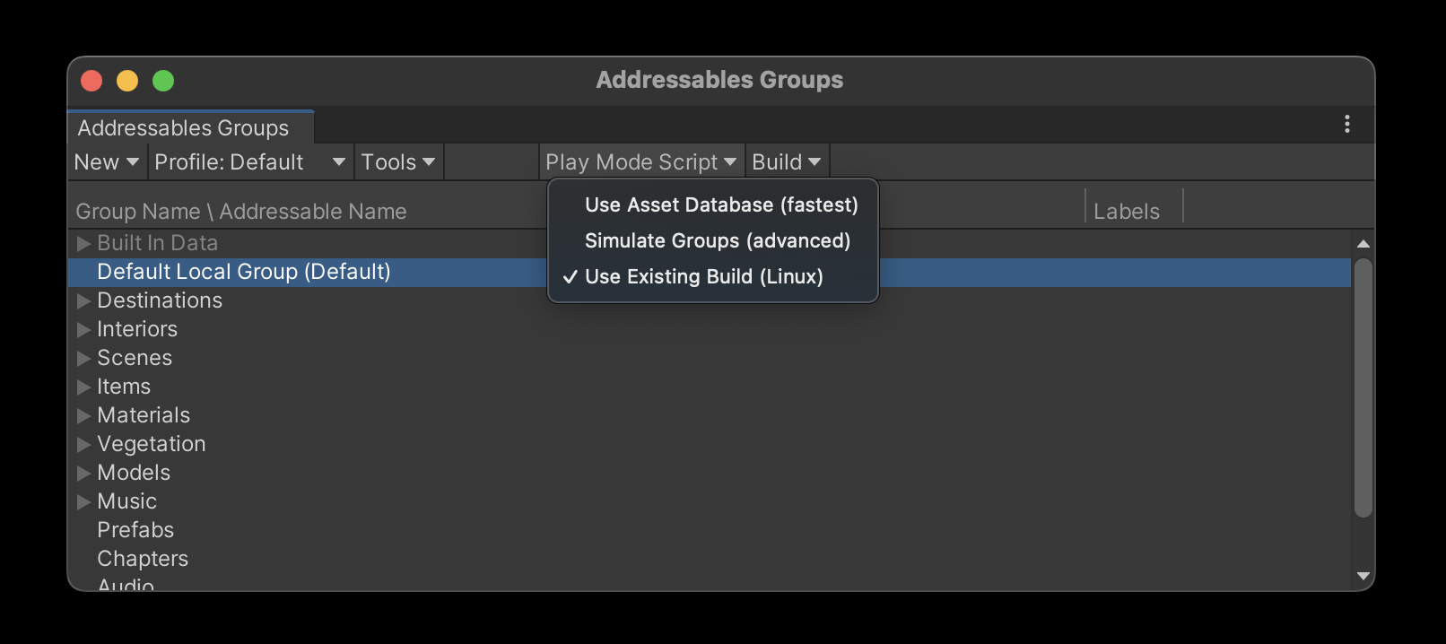 Screenshot of Unity Addressables editor options